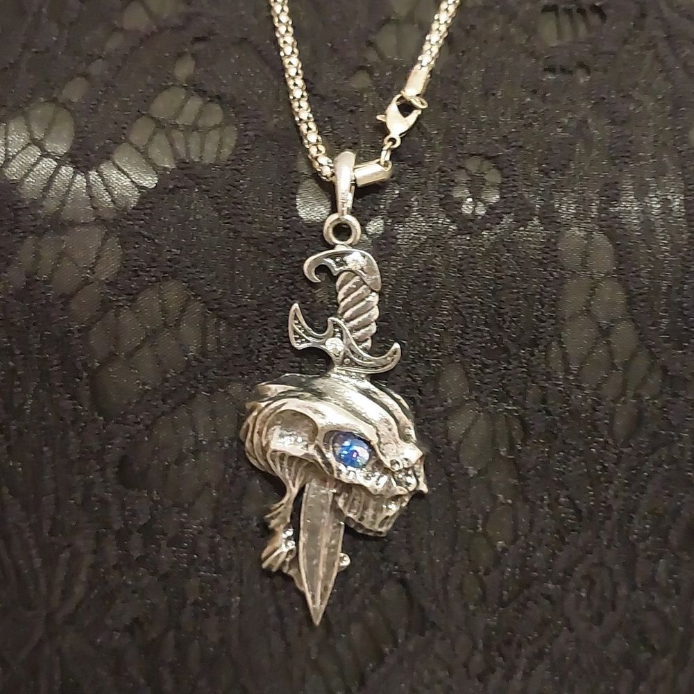 Gothic Skull Sword Pendant Silver Tone Necklace